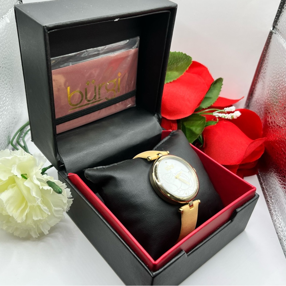 Women's Burgi Flower Engraved Diamond Dial Genuine Leather Strap Watch with box - Picture 14 of 16